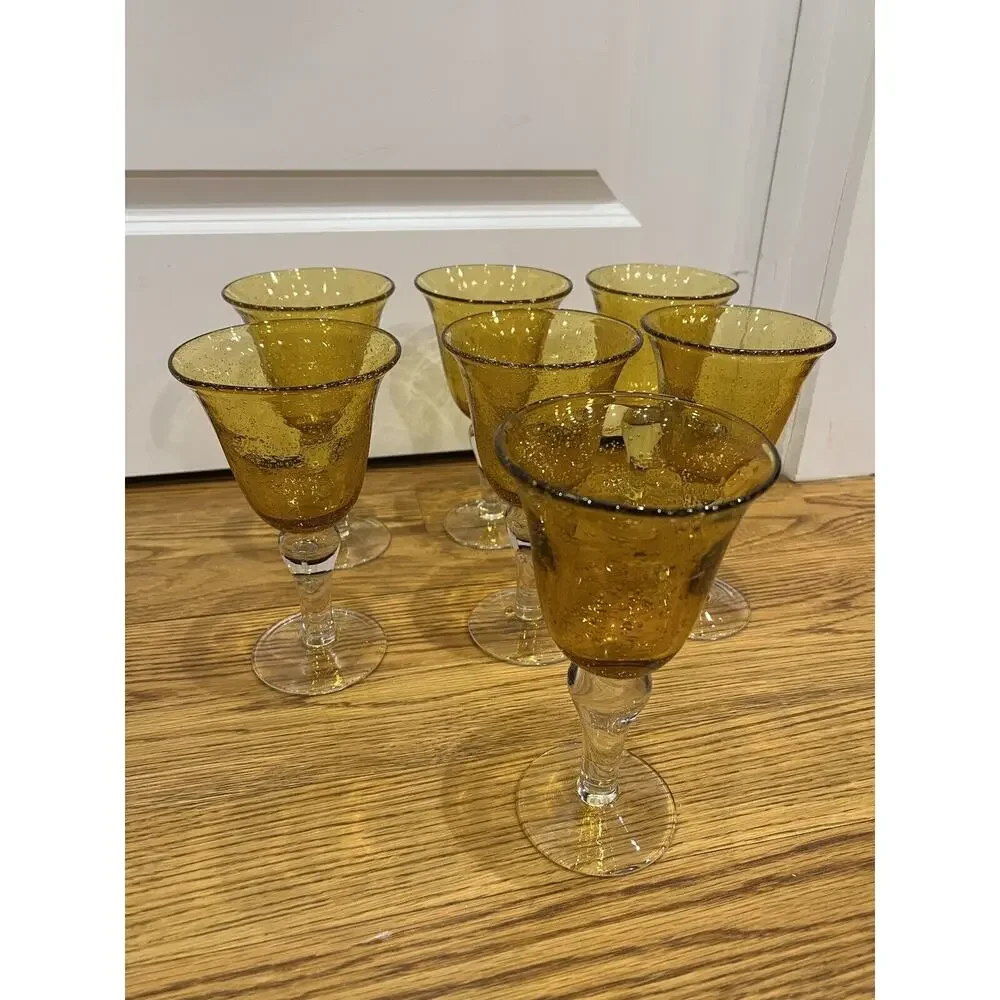 Artland Water Goblets Iris Citrine Amber Set Of 6 Bubbled Bowl Clear Stem‎